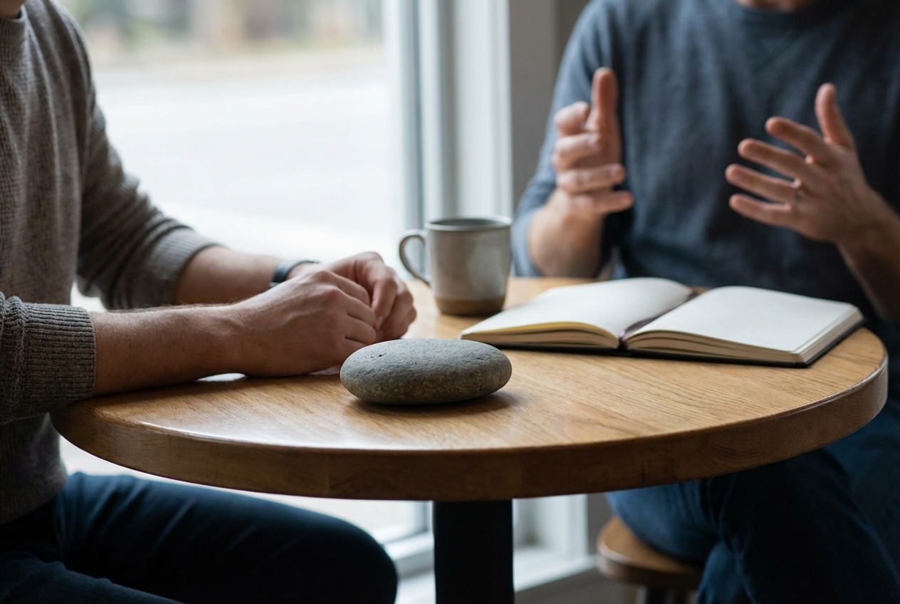 Two people at a table with a gray rock on it.