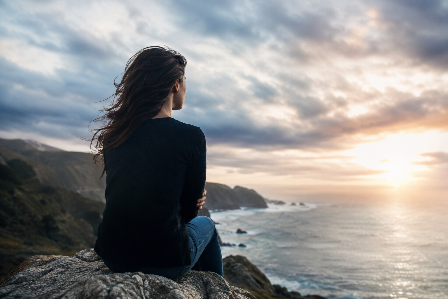 Woman sitting on water's edge reflecting on life.